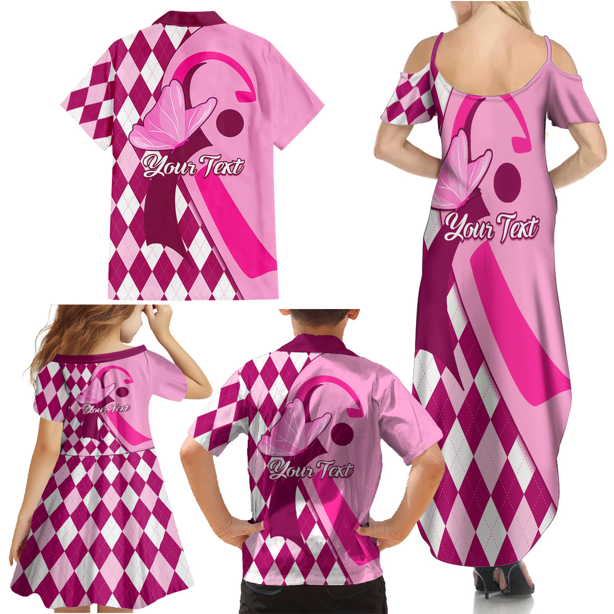 Personalised Think Pink Family Matching Summer Maxi Dress and Hawaiian Shirt Golf Argyle Pattern Breast Cancer Awareness - Wonder Print Shop