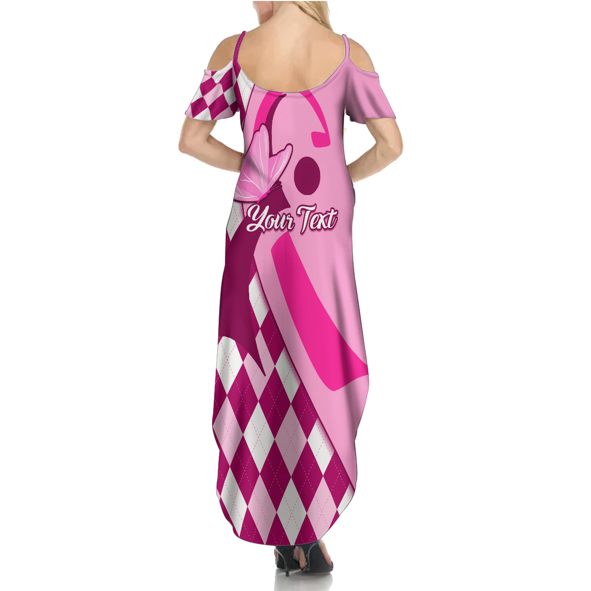 Personalised Think Pink Family Matching Summer Maxi Dress and Hawaiian Shirt Golf Argyle Pattern Breast Cancer Awareness - Wonder Print Shop