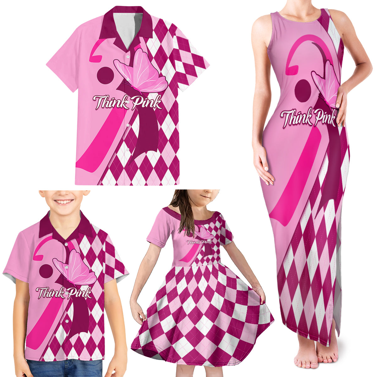 Personalised Think Pink Family Matching Tank Maxi Dress and Hawaiian Shirt Golf Argyle Pattern Breast Cancer Awareness - Wonder Print Shop