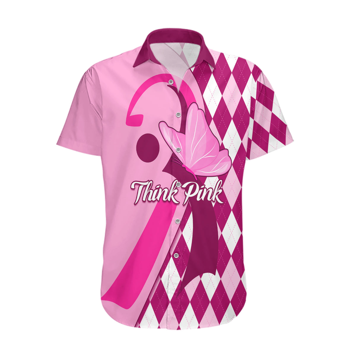 Personalised Think Pink Hawaiian Shirt Golf Argyle Pattern Breast Cancer Awareness - Wonder Print Shop