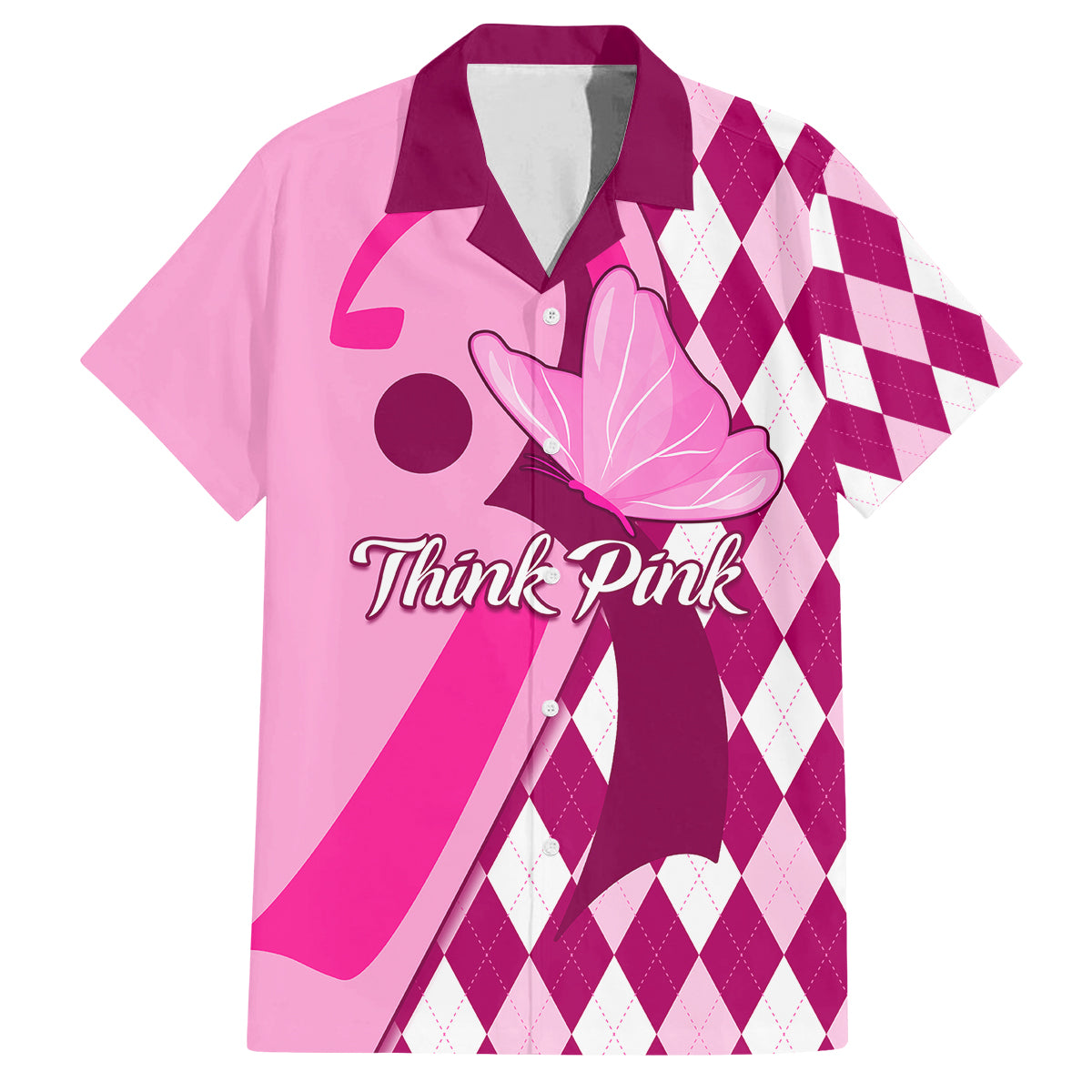 Personalised Think Pink Kid Hawaiian Shirt Golf Argyle Pattern Breast Cancer Awareness - Wonder Print Shop