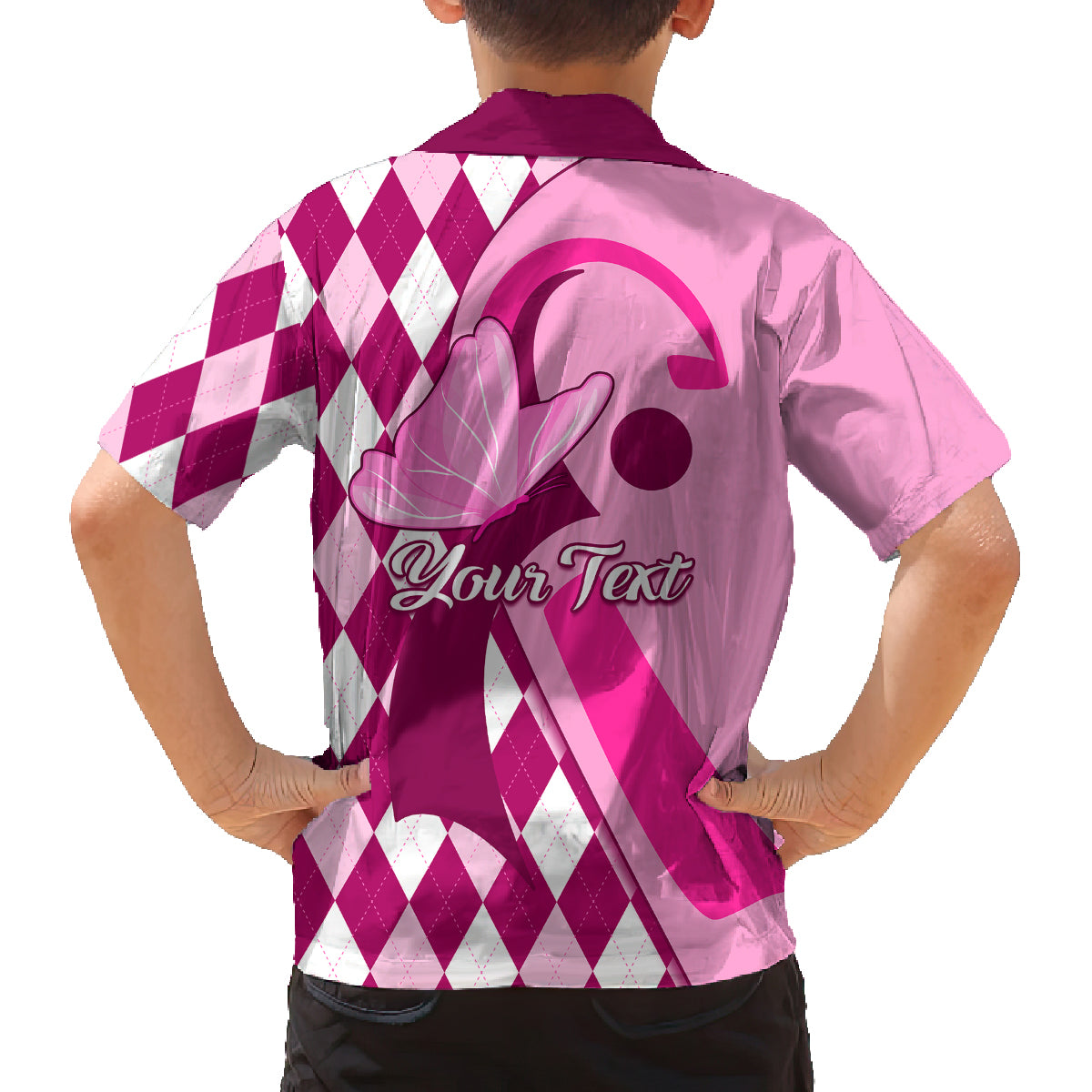Personalised Think Pink Kid Hawaiian Shirt Golf Argyle Pattern Breast Cancer Awareness - Wonder Print Shop