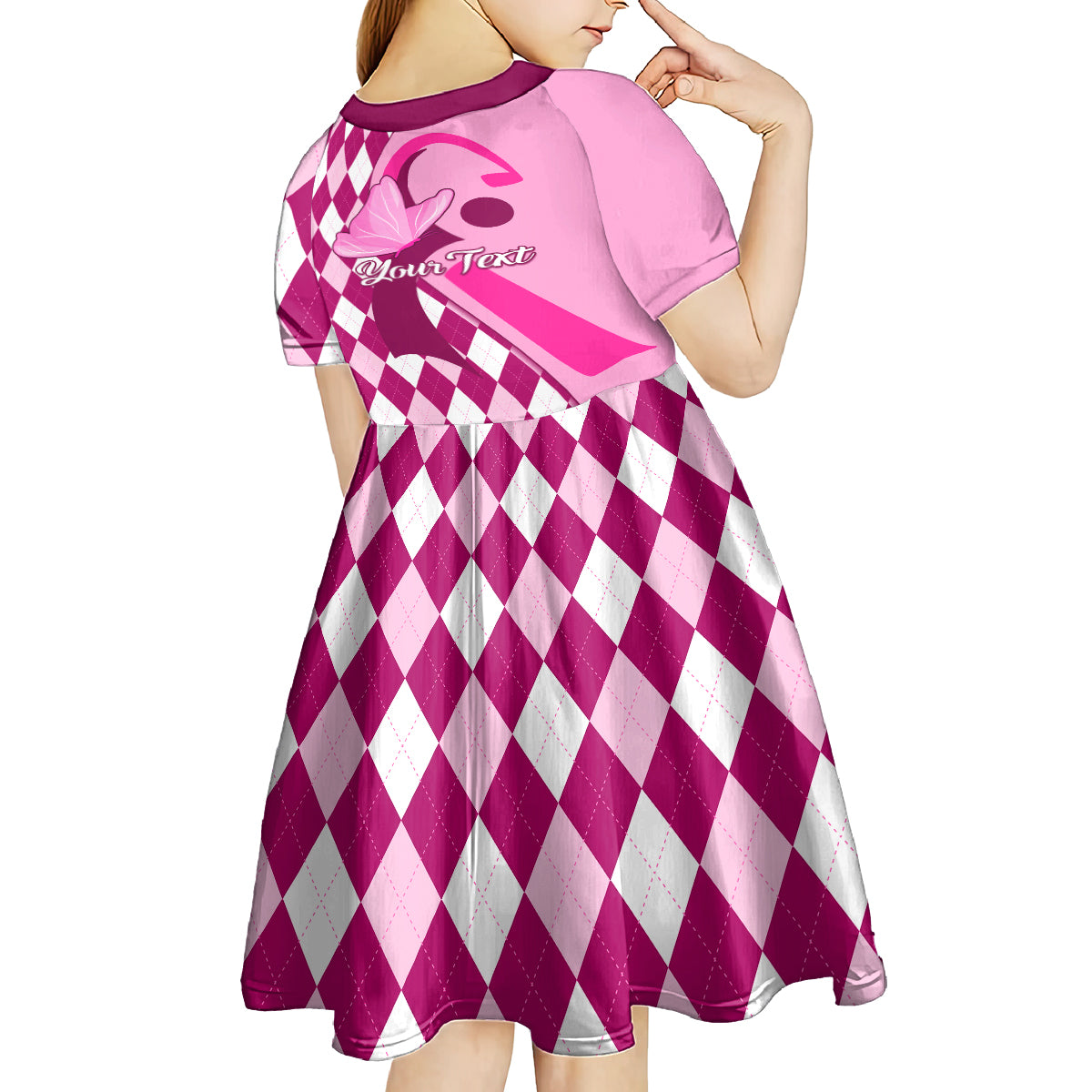 Personalised Think Pink Kid Short Sleeve Dress Golf Argyle Pattern Breast Cancer Awareness - Wonder Print Shop