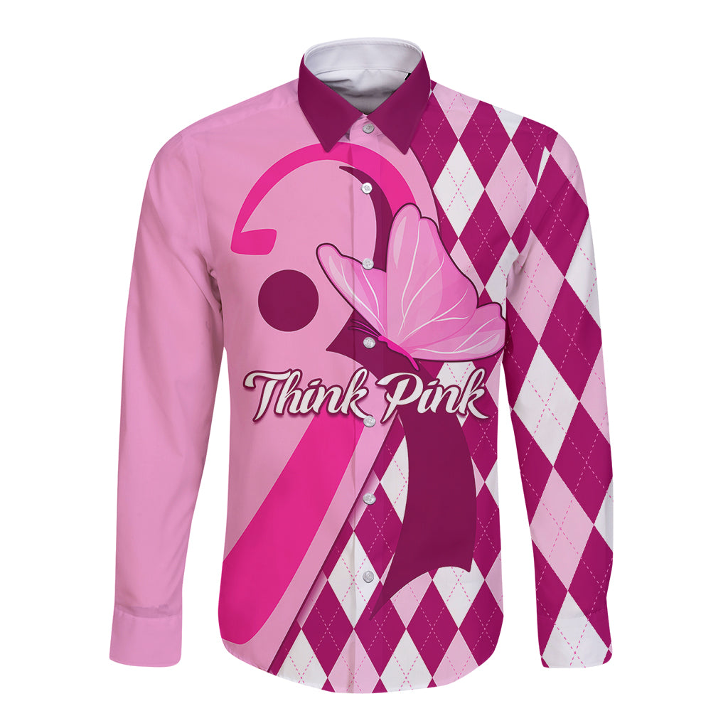 Personalised Think Pink Long Sleeve Button Shirt Golf Argyle Pattern Breast Cancer Awareness - Wonder Print Shop