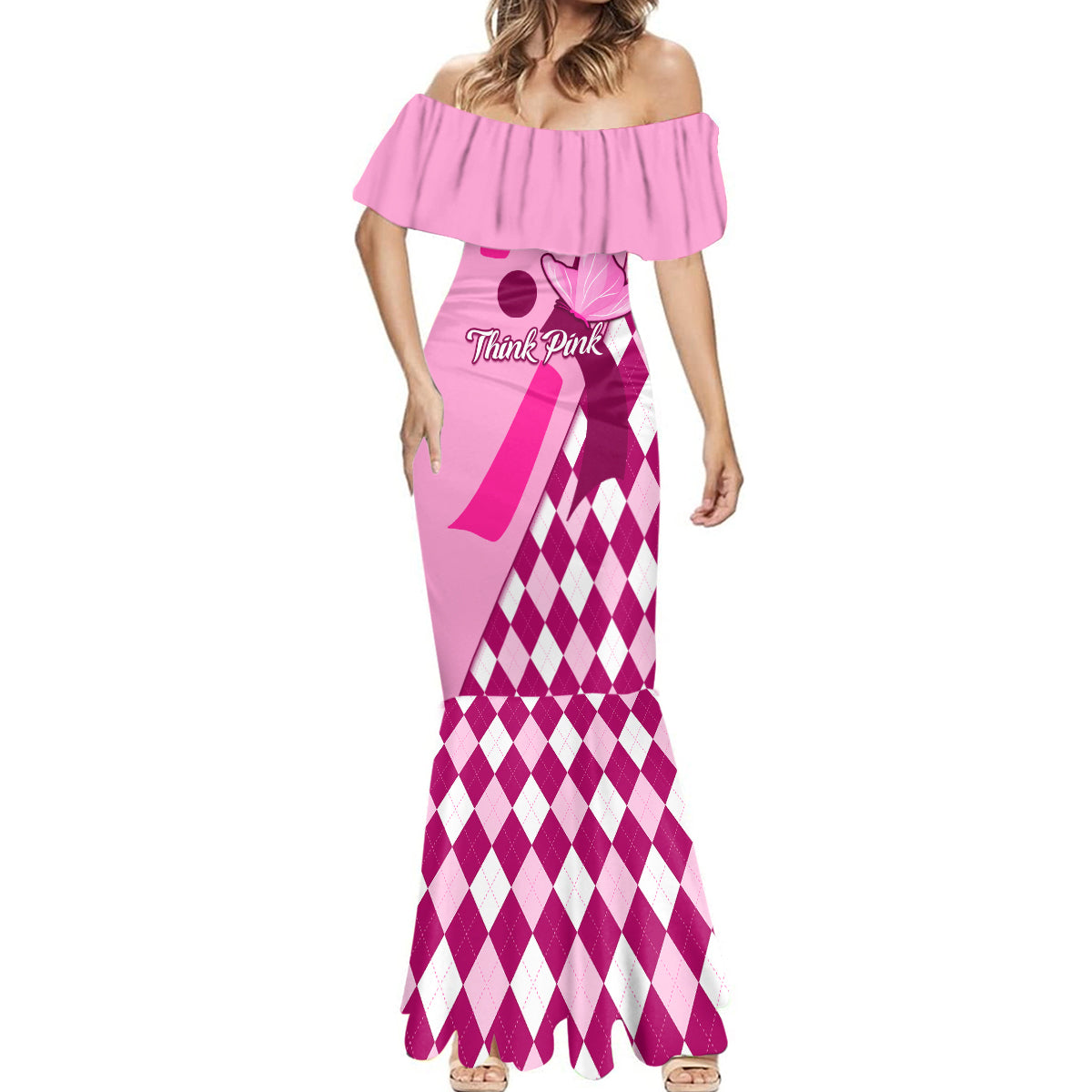 Personalised Think Pink Mermaid Dress Golf Argyle Pattern Breast Cancer Awareness - Wonder Print Shop