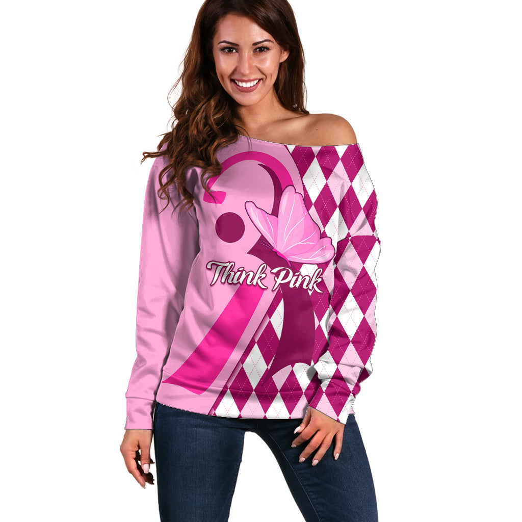 Personalised Think Pink Off Shoulder Sweater Golf Argyle Pattern Breast Cancer Awareness - Wonder Print Shop