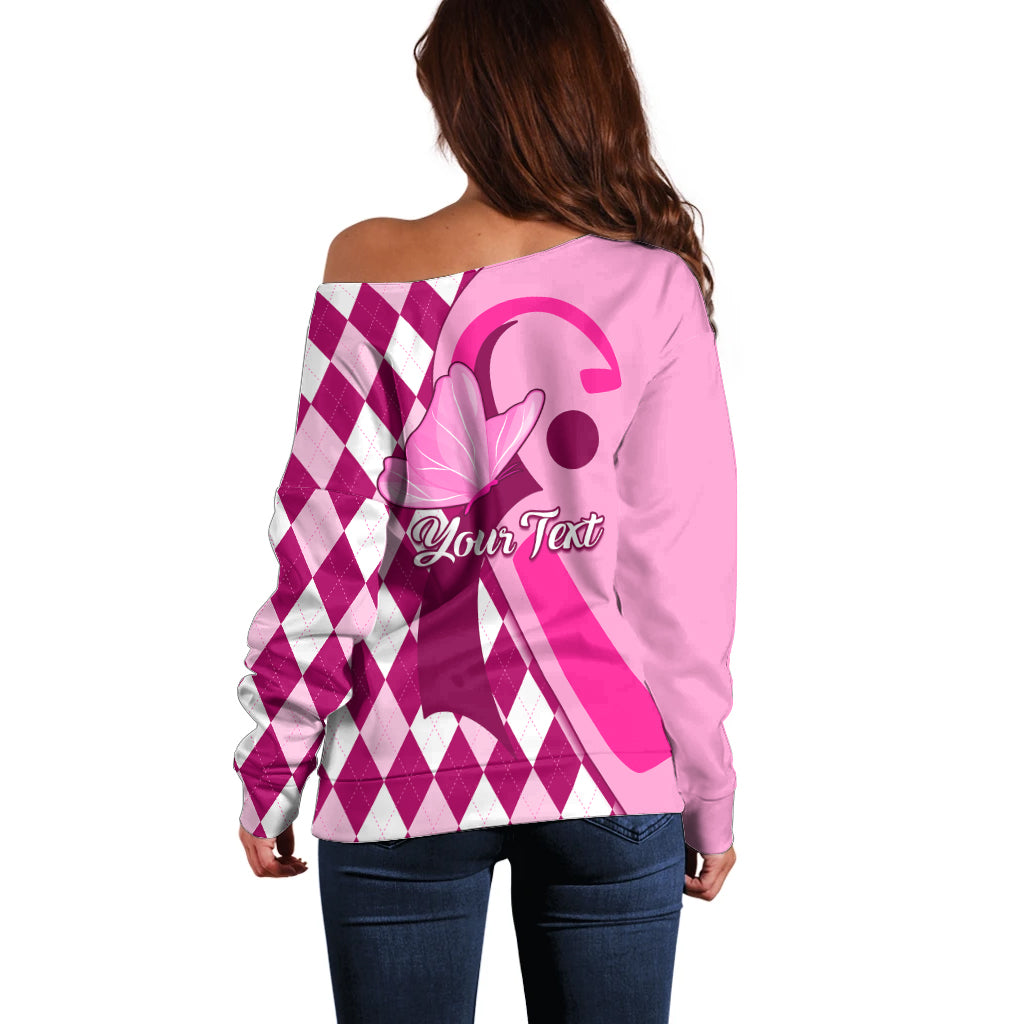 Personalised Think Pink Off Shoulder Sweater Golf Argyle Pattern Breast Cancer Awareness - Wonder Print Shop