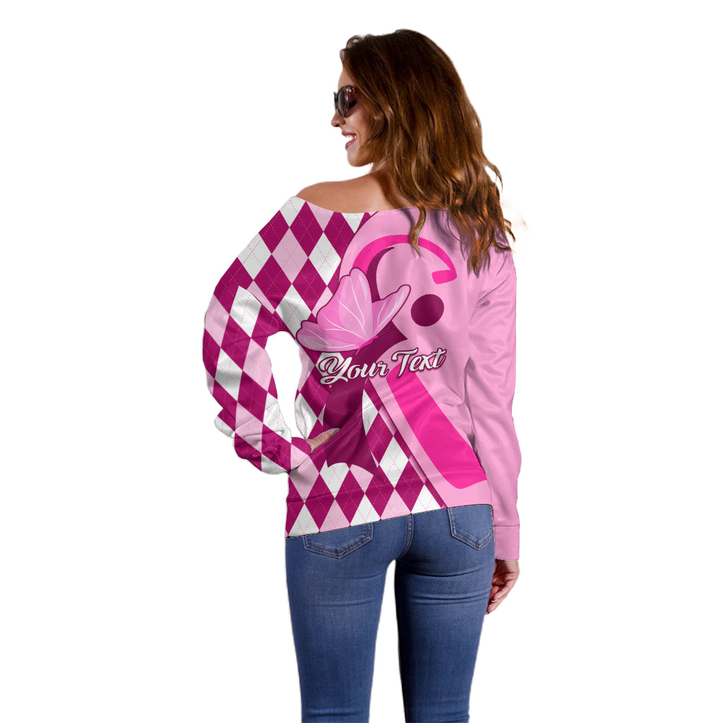 Personalised Think Pink Off Shoulder Sweater Golf Argyle Pattern Breast Cancer Awareness - Wonder Print Shop