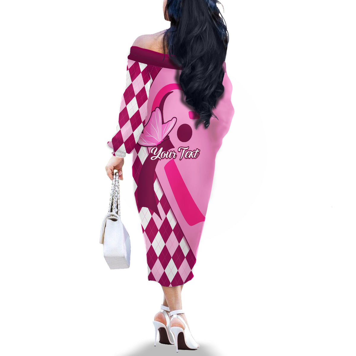 Personalised Think Pink Off The Shoulder Long Sleeve Dress Golf Argyle Pattern Breast Cancer Awareness - Wonder Print Shop