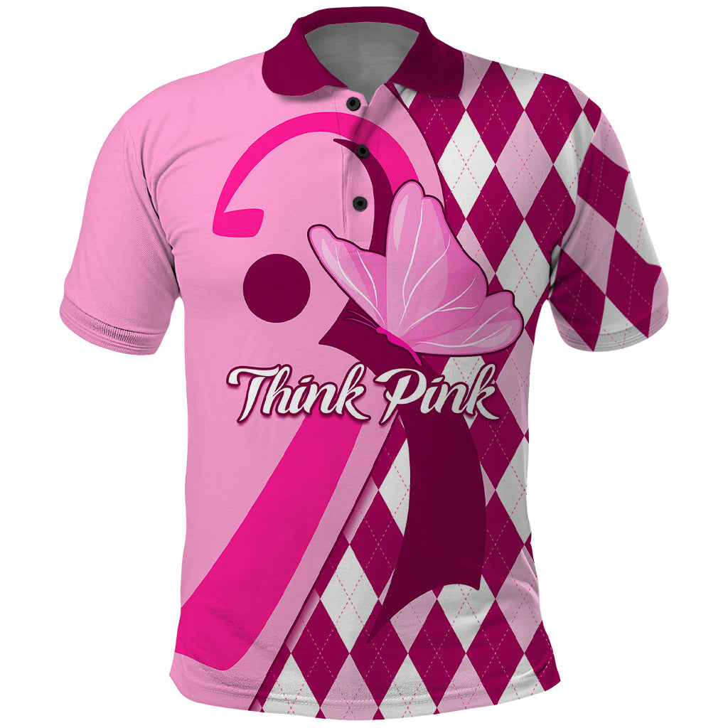 Personalised Think Pink Polo Shirt Golf Argyle Pattern Breast Cancer Awareness - Wonder Print Shop