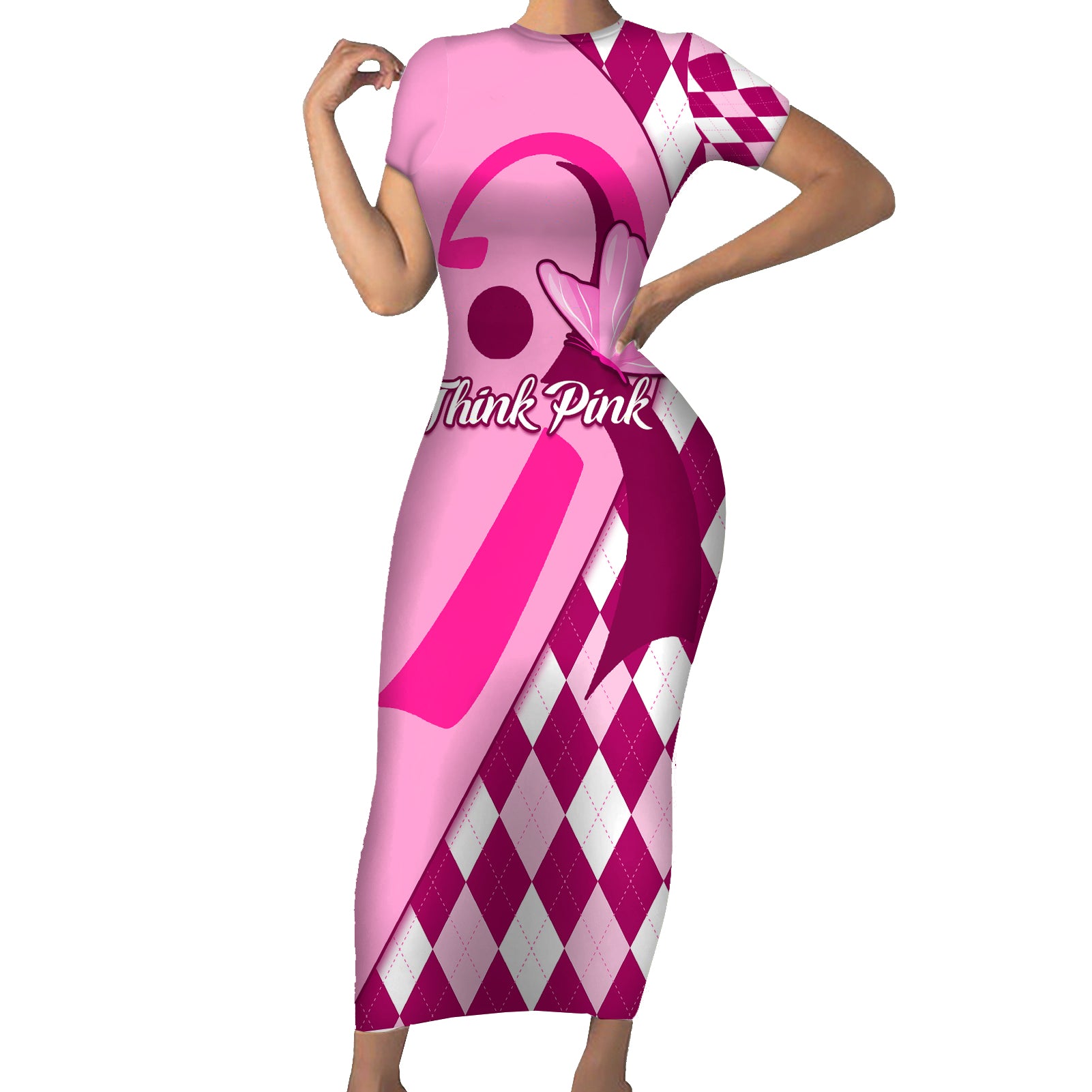 Personalised Think Pink Short Sleeve Bodycon Dress Golf Argyle Pattern Breast Cancer Awareness - Wonder Print Shop