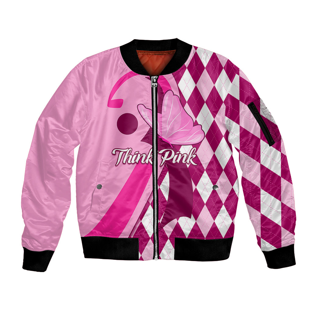 Personalised Think Pink Sleeve Zip Bomber Jacket Golf Argyle Pattern Breast Cancer Awareness - Wonder Print Shop