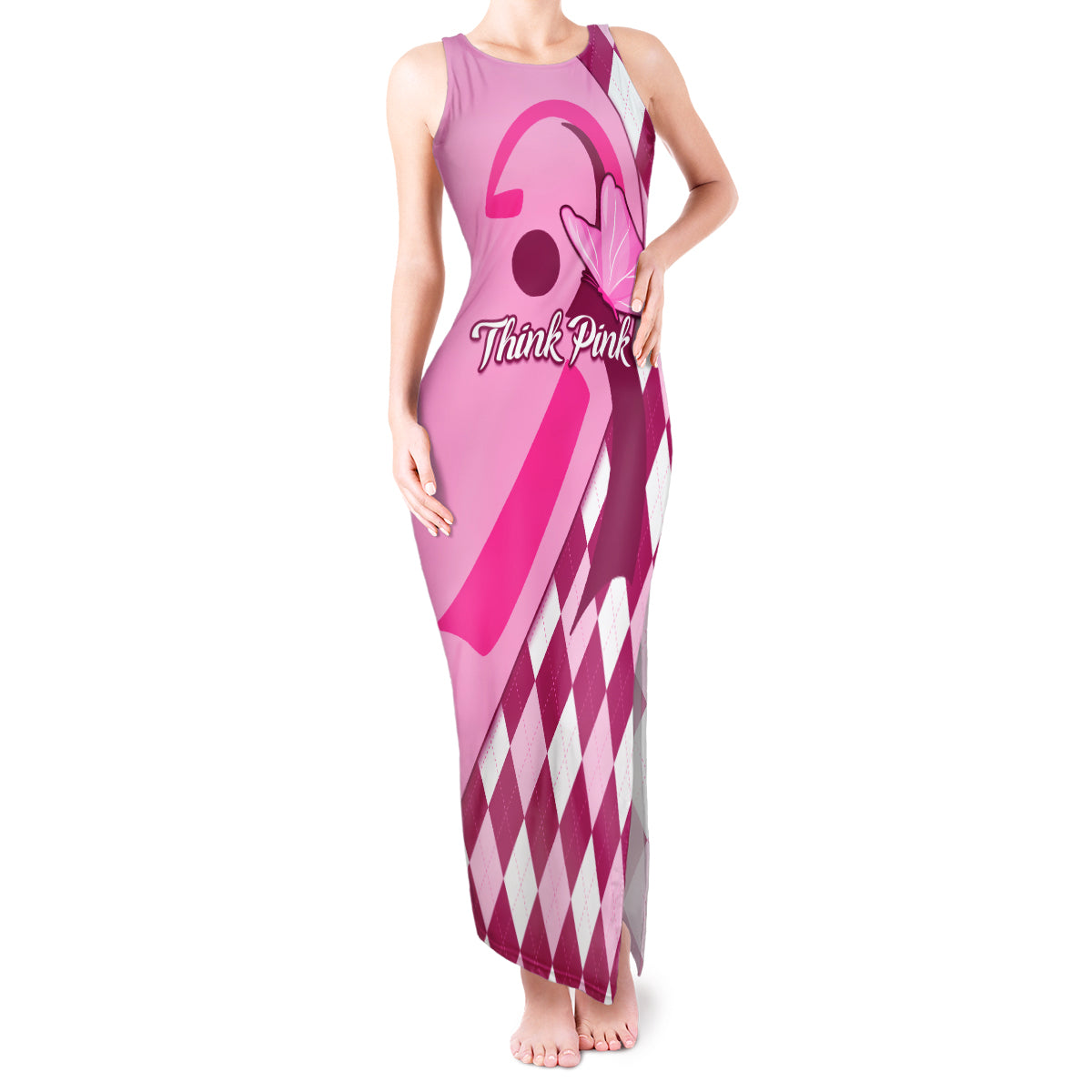 Personalised Think Pink Tank Maxi Dress Golf Argyle Pattern Breast Cancer Awareness - Wonder Print Shop