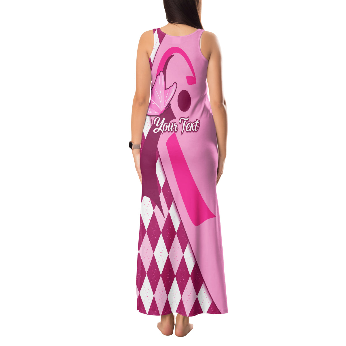 Personalised Think Pink Tank Maxi Dress Golf Argyle Pattern Breast Cancer Awareness - Wonder Print Shop