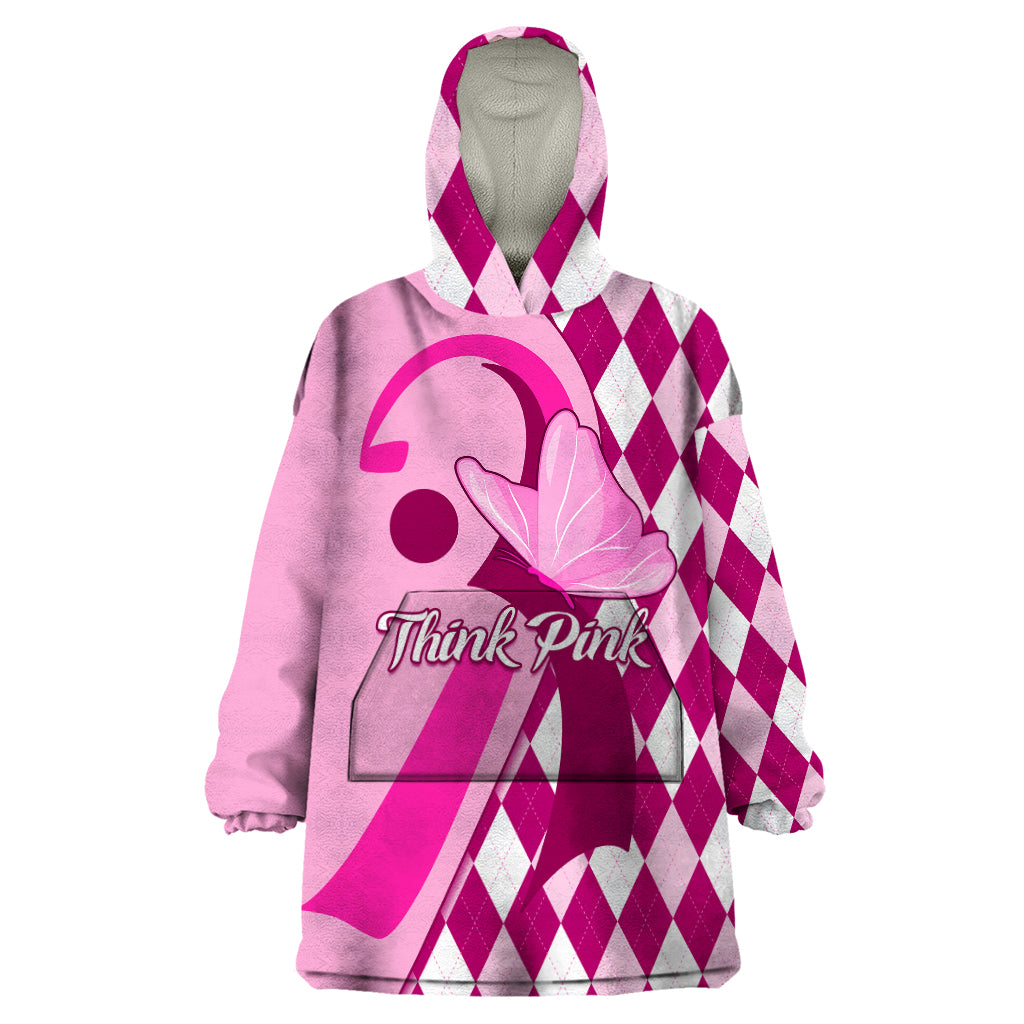 Personalised Think Pink Wearable Blanket Hoodie Golf Argyle Pattern Breast Cancer Awareness - Wonder Print Shop
