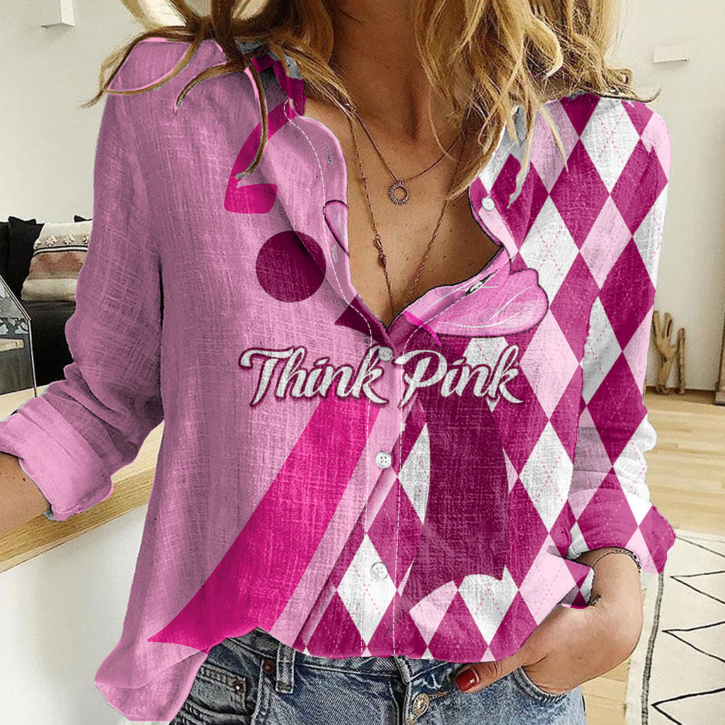 Personalised Think Pink Women Casual Shirt Golf Argyle Pattern Breast Cancer Awareness - Wonder Print Shop