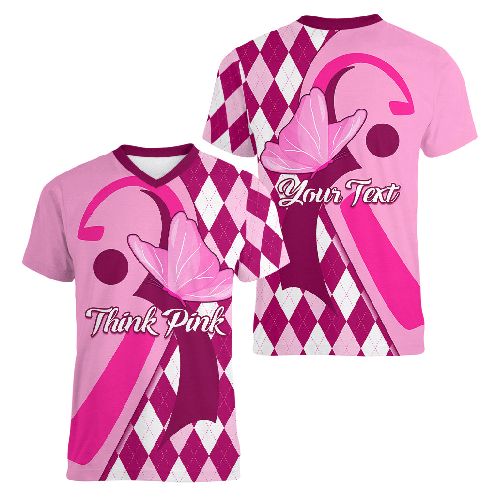 Personalised Think Pink Women V Neck T Shirt Golf Argyle Pattern Breast Cancer Awareness - Wonder Print Shop