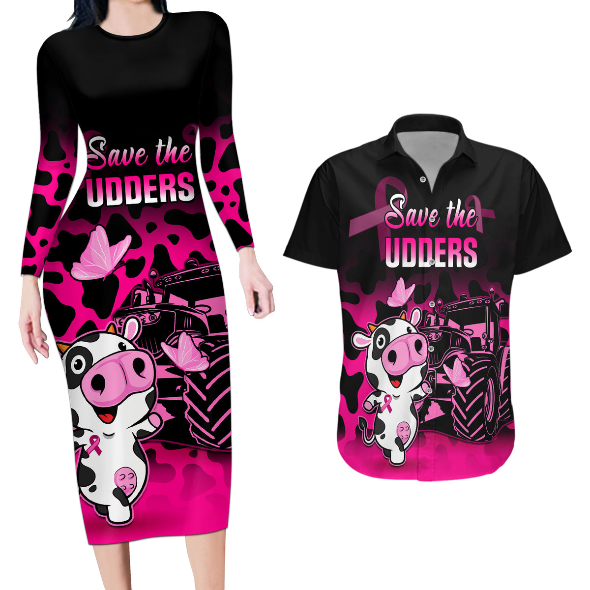 Personalised Save The Udders Couples Matching Long Sleeve Bodycon Dress and Hawaiian Shirt Farmer Day Breast Cancer Awareness - Wonder Print Shop