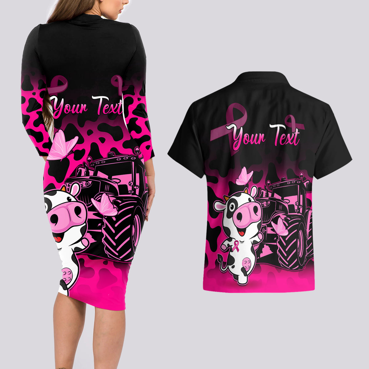 Personalised Save The Udders Couples Matching Long Sleeve Bodycon Dress and Hawaiian Shirt Farmer Day Breast Cancer Awareness - Wonder Print Shop