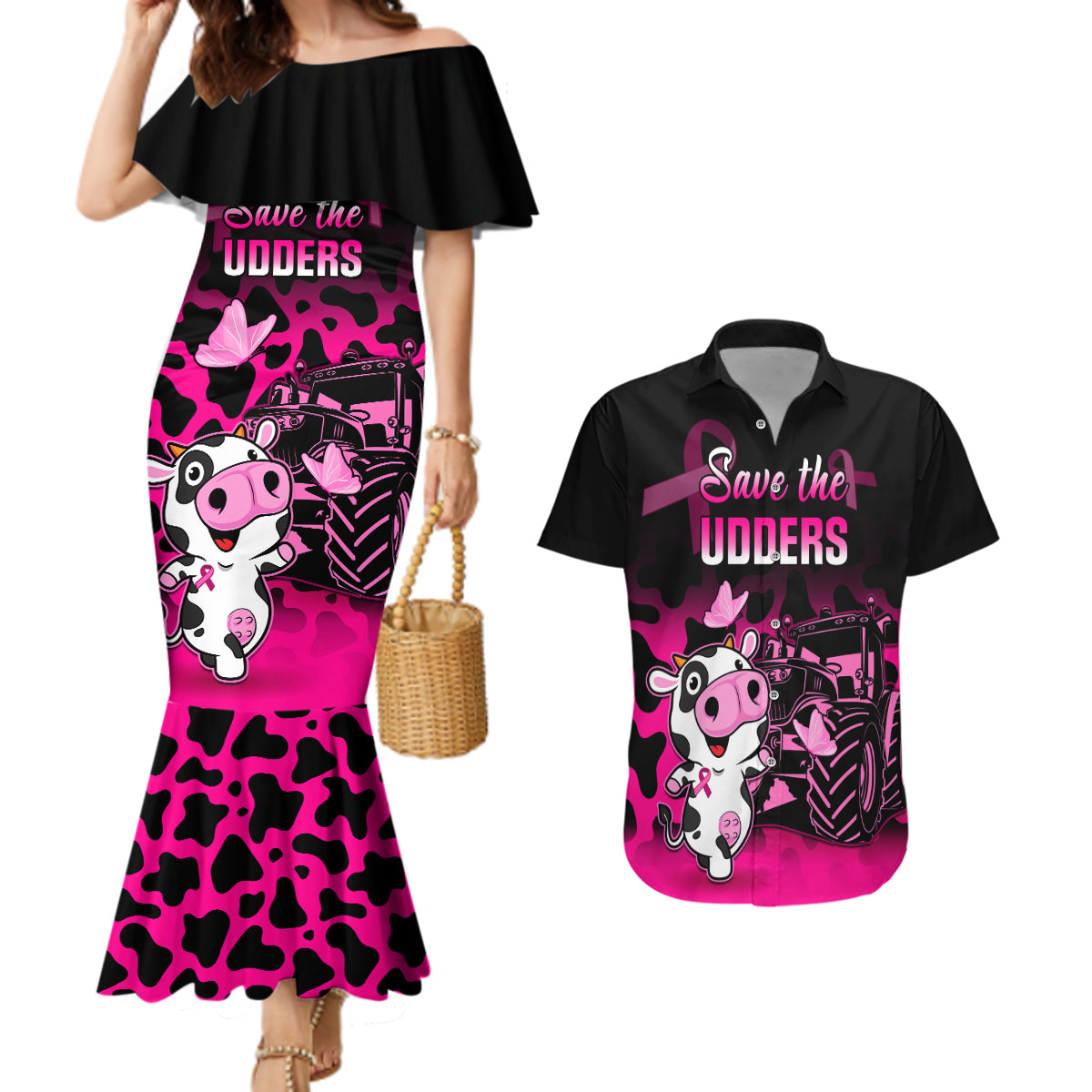 Personalised Save The Udders Couples Matching Mermaid Dress and Hawaiian Shirt Farmer Day Breast Cancer Awareness - Wonder Print Shop
