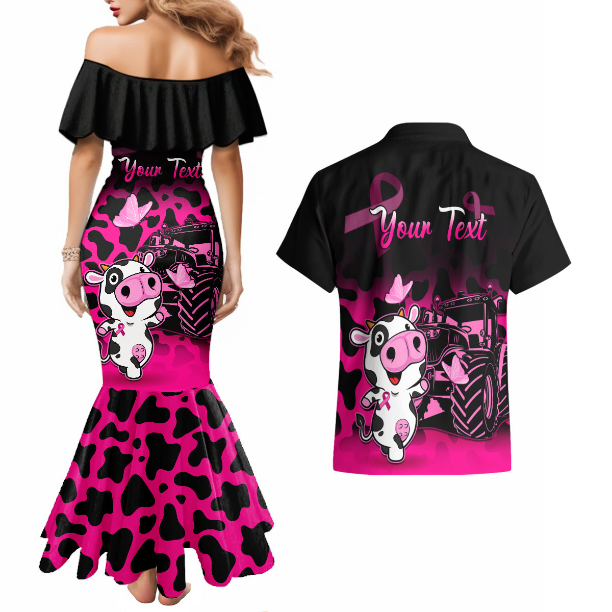 Personalised Save The Udders Couples Matching Mermaid Dress and Hawaiian Shirt Farmer Day Breast Cancer Awareness - Wonder Print Shop