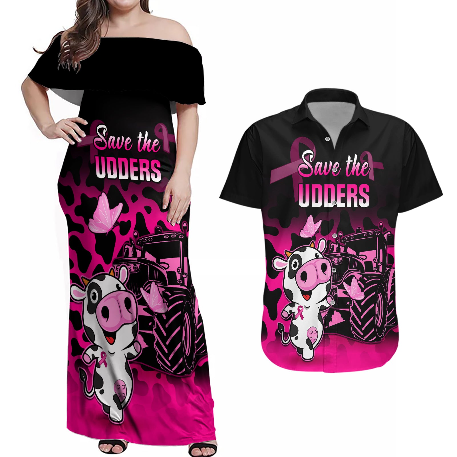Personalised Save The Udders Couples Matching Off Shoulder Maxi Dress and Hawaiian Shirt Farmer Day Breast Cancer Awareness - Wonder Print Shop