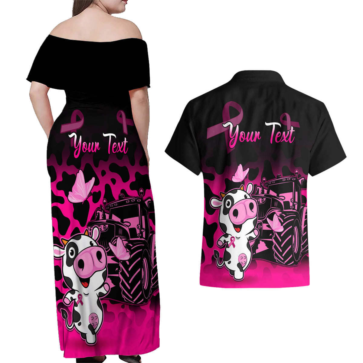 Personalised Save The Udders Couples Matching Off Shoulder Maxi Dress and Hawaiian Shirt Farmer Day Breast Cancer Awareness - Wonder Print Shop