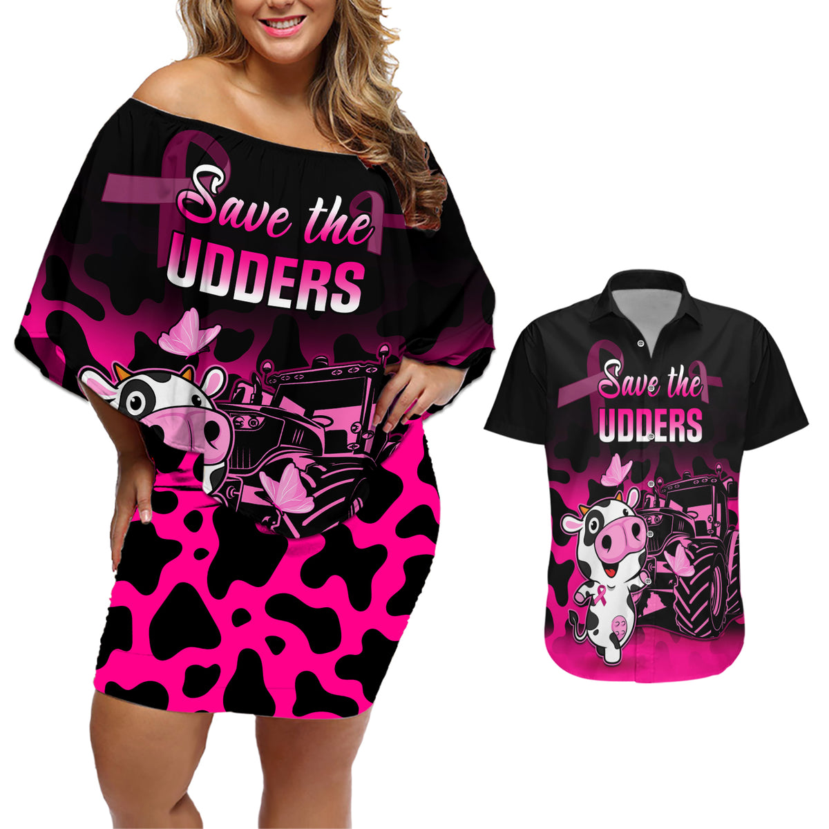 Personalised Save The Udders Couples Matching Off Shoulder Short Dress and Hawaiian Shirt Farmer Day Breast Cancer Awareness - Wonder Print Shop