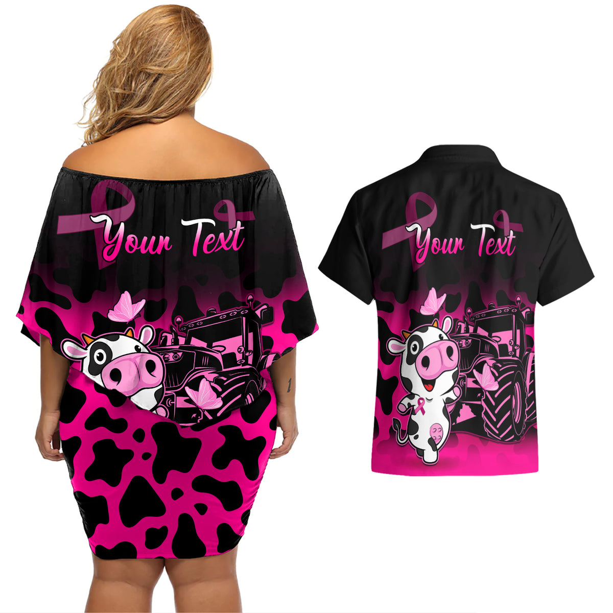 Personalised Save The Udders Couples Matching Off Shoulder Short Dress and Hawaiian Shirt Farmer Day Breast Cancer Awareness - Wonder Print Shop