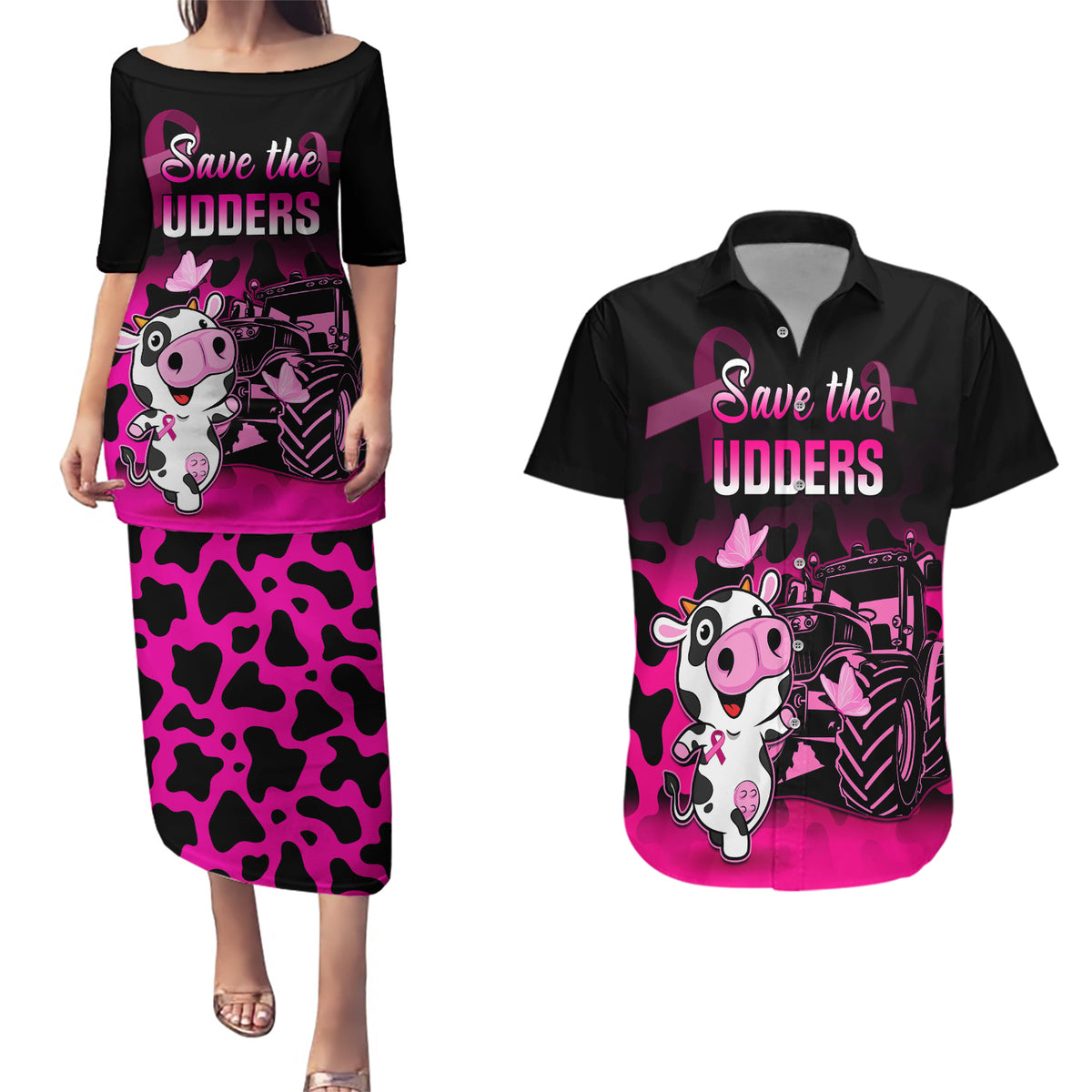 Personalised Save The Udders Couples Matching Puletasi Dress and Hawaiian Shirt Farmer Day Breast Cancer Awareness - Wonder Print Shop