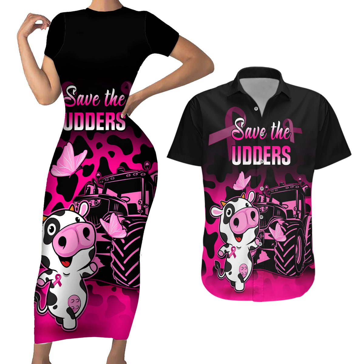 Personalised Save The Udders Couples Matching Short Sleeve Bodycon Dress and Hawaiian Shirt Farmer Day Breast Cancer Awareness - Wonder Print Shop