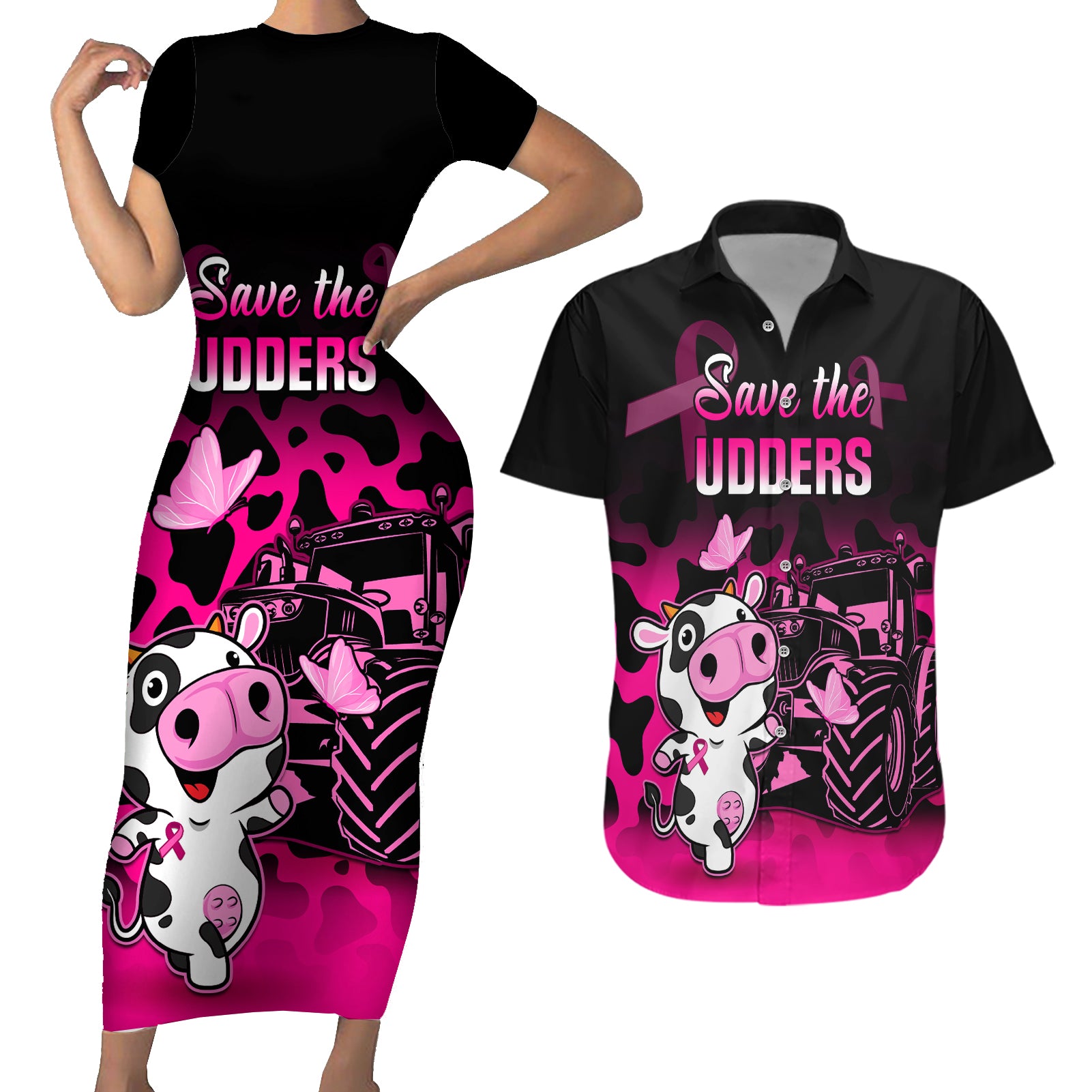 Personalised Save The Udders Couples Matching Short Sleeve Bodycon Dress and Hawaiian Shirt Farmer Day Breast Cancer Awareness - Wonder Print Shop