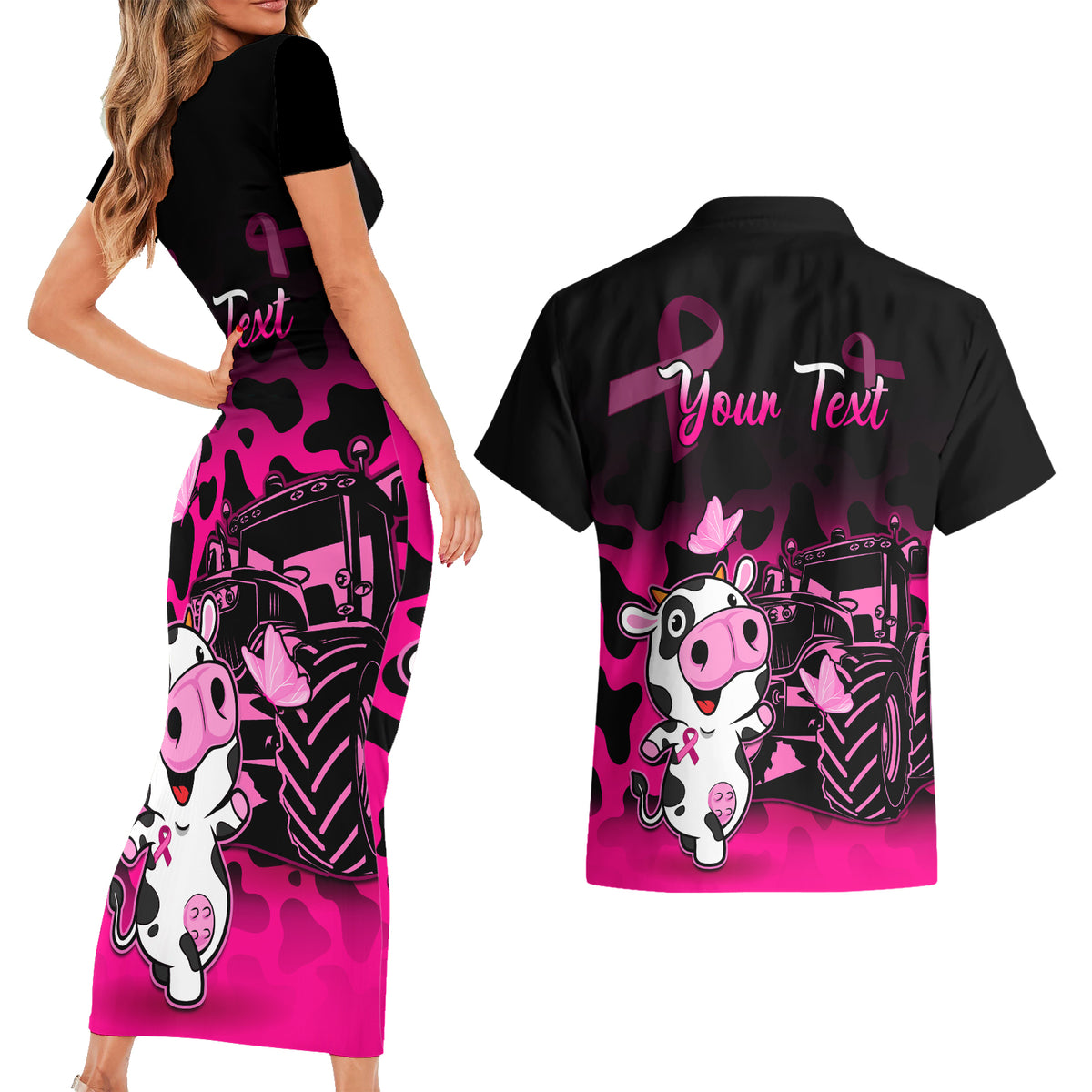 Personalised Save The Udders Couples Matching Short Sleeve Bodycon Dress and Hawaiian Shirt Farmer Day Breast Cancer Awareness - Wonder Print Shop