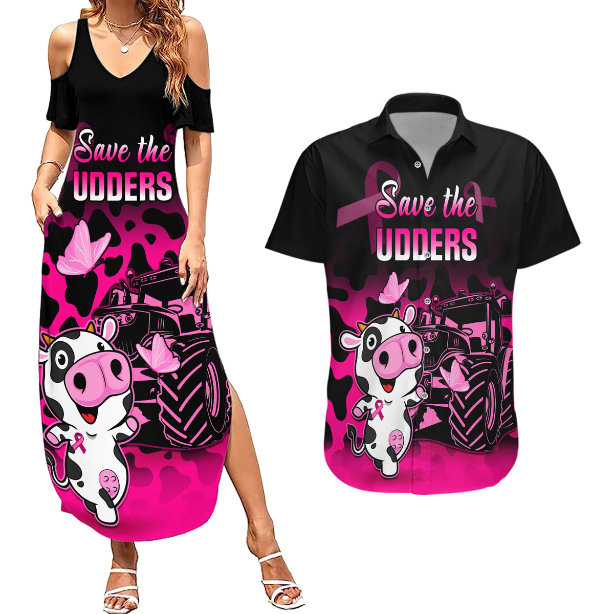 Personalised Save The Udders Couples Matching Summer Maxi Dress and Hawaiian Shirt Farmer Day Breast Cancer Awareness - Wonder Print Shop