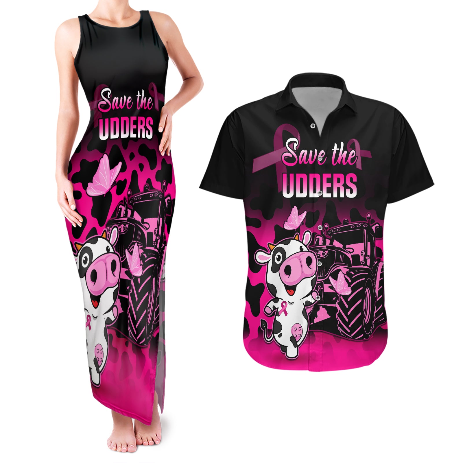 Personalised Save The Udders Couples Matching Tank Maxi Dress and Hawaiian Shirt Farmer Day Breast Cancer Awareness - Wonder Print Shop
