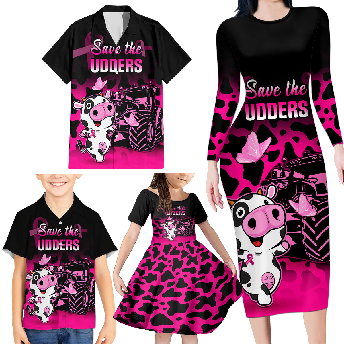 Personalised Save The Udders Family Matching Long Sleeve Bodycon Dress and Hawaiian Shirt Farmer Day Breast Cancer Awareness - Wonder Print Shop