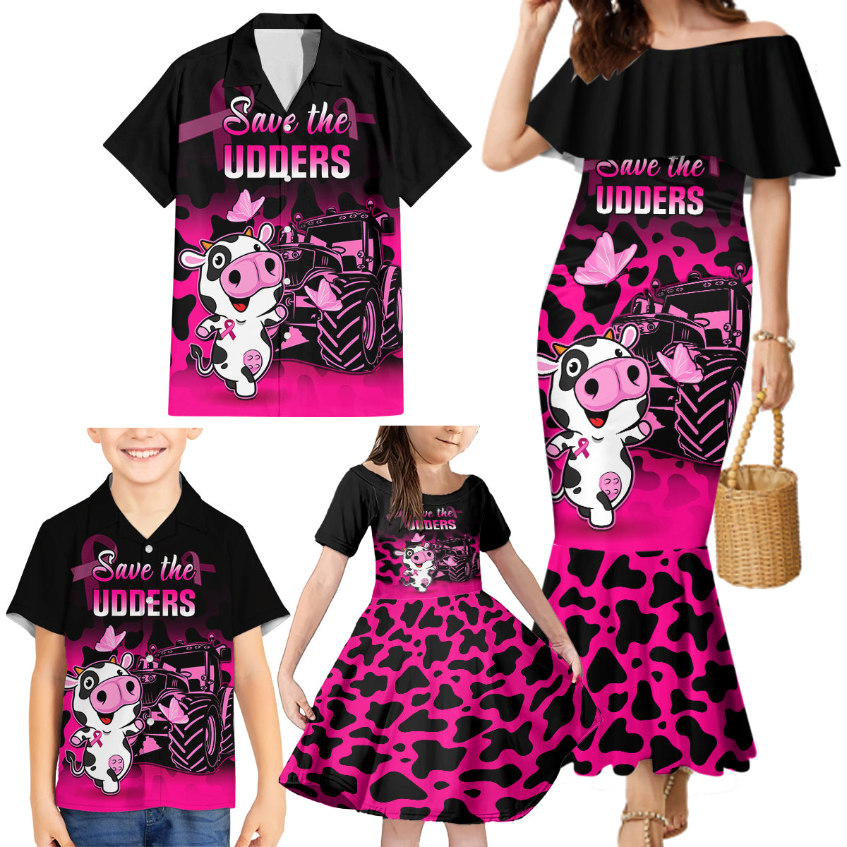 Personalised Save The Udders Family Matching Mermaid Dress and Hawaiian Shirt Farmer Day Breast Cancer Awareness - Wonder Print Shop