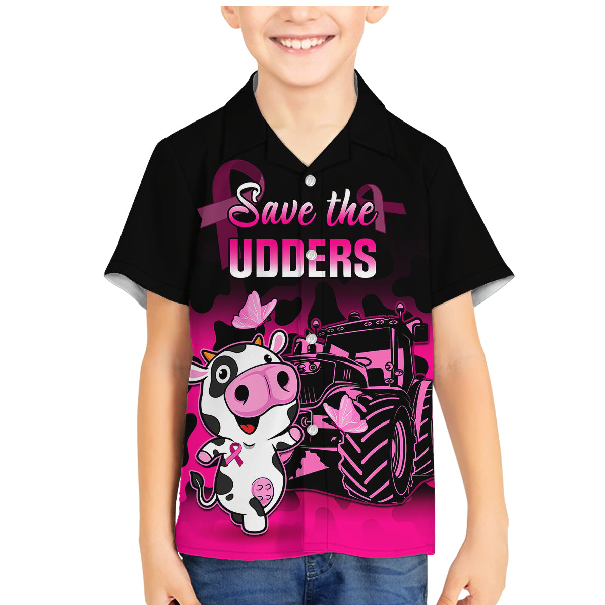 Personalised Save The Udders Family Matching Mermaid Dress and Hawaiian Shirt Farmer Day Breast Cancer Awareness - Wonder Print Shop