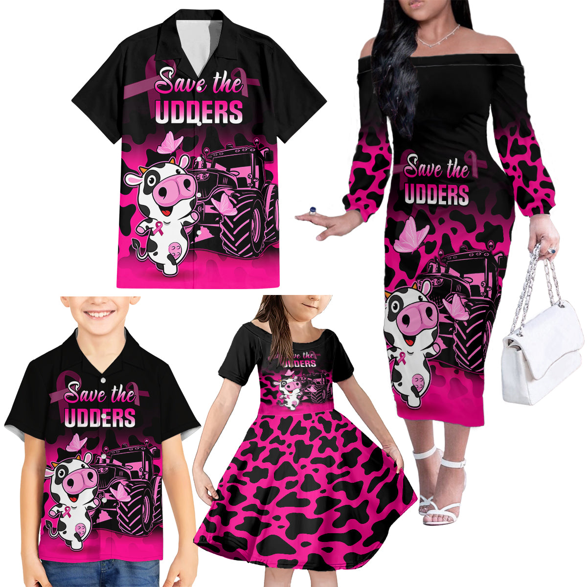 Personalised Save The Udders Family Matching Off Shoulder Long Sleeve Dress and Hawaiian Shirt Farmer Day Breast Cancer Awareness - Wonder Print Shop