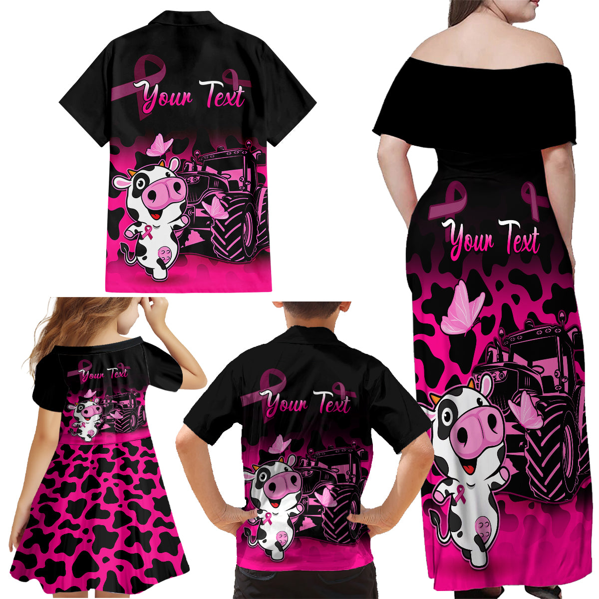 Personalised Save The Udders Family Matching Off Shoulder Long Sleeve Dress and Hawaiian Shirt Farmer Day Breast Cancer Awareness - Wonder Print Shop