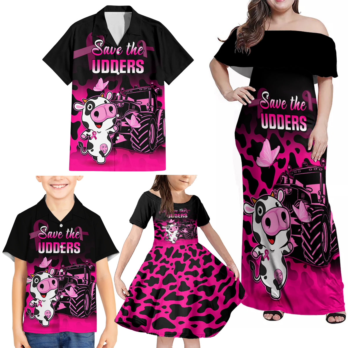 Personalised Save The Udders Family Matching Off Shoulder Maxi Dress and Hawaiian Shirt Farmer Day Breast Cancer Awareness - Wonder Print Shop