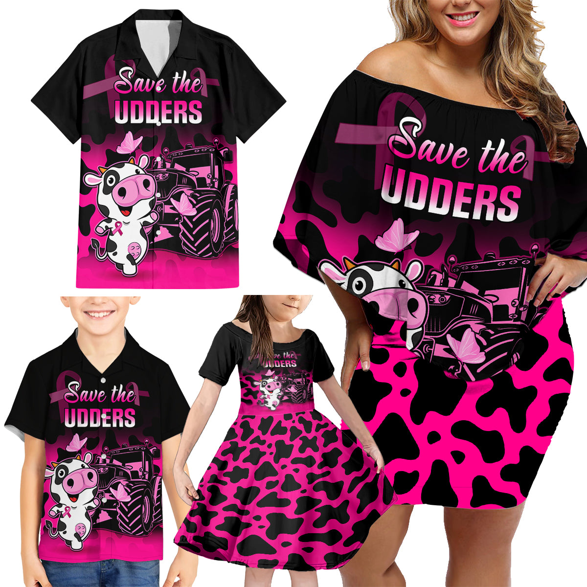 Personalised Save The Udders Family Matching Off Shoulder Short Dress and Hawaiian Shirt Farmer Day Breast Cancer Awareness - Wonder Print Shop