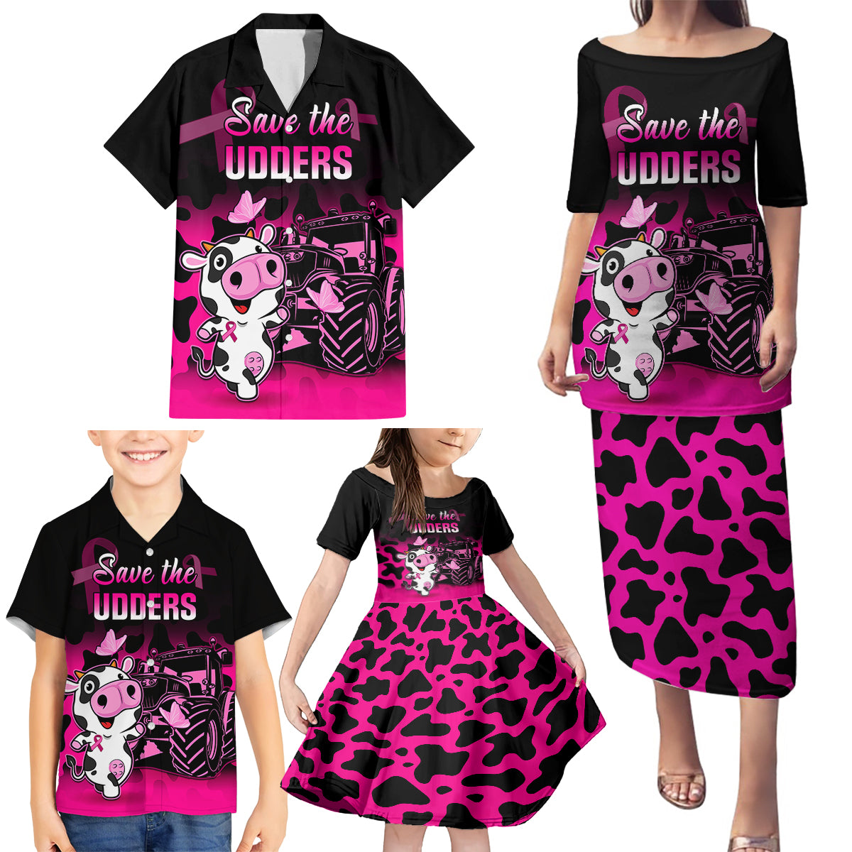 Personalised Save The Udders Family Matching Puletasi Dress and Hawaiian Shirt Farmer Day Breast Cancer Awareness - Wonder Print Shop