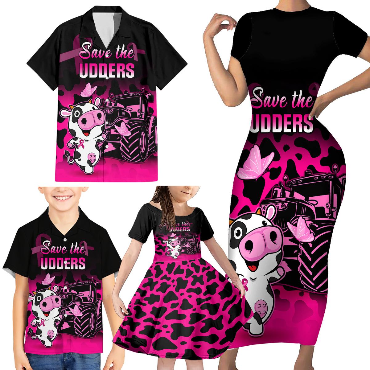 Personalised Save The Udders Family Matching Short Sleeve Bodycon Dress and Hawaiian Shirt Farmer Day Breast Cancer Awareness - Wonder Print Shop