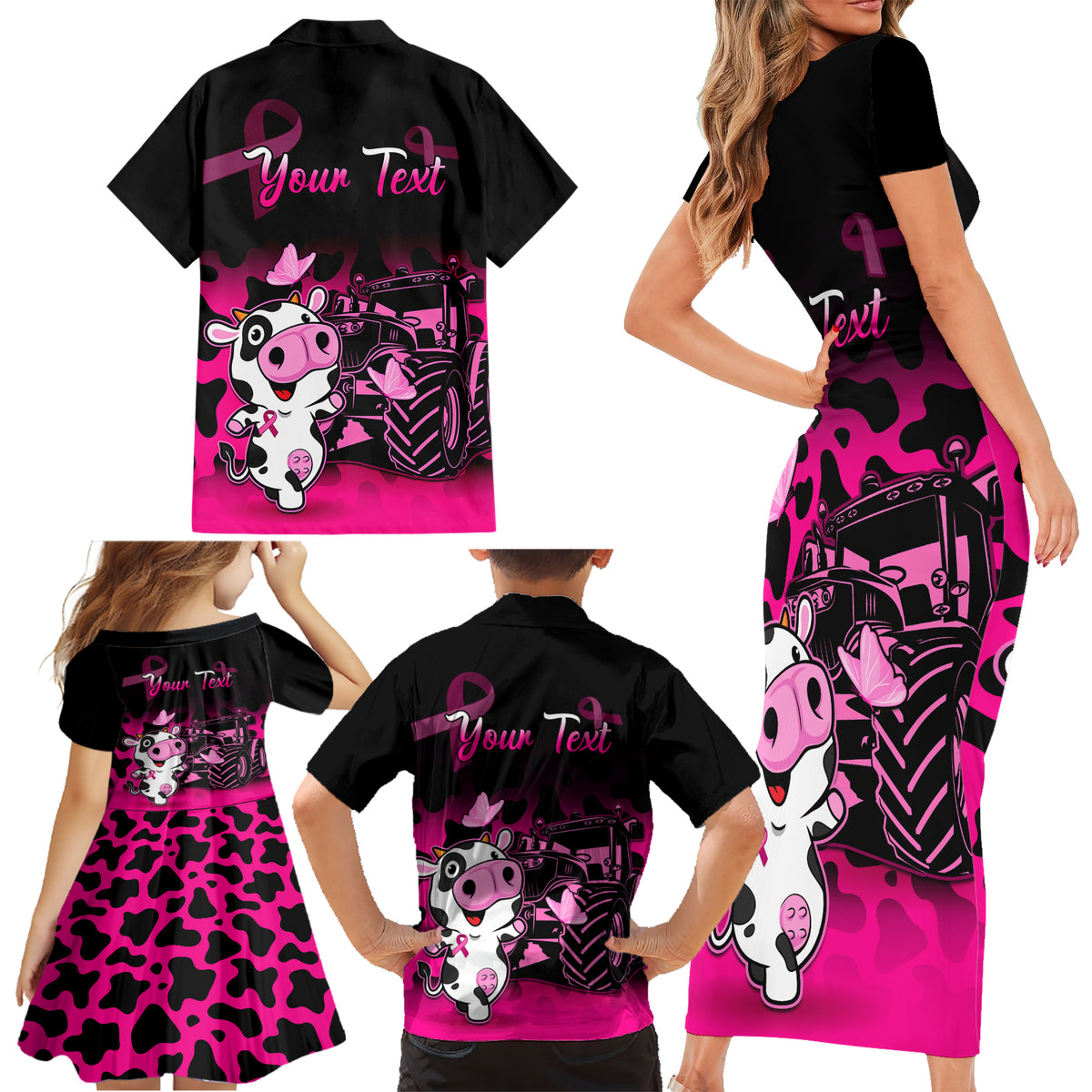 Personalised Save The Udders Family Matching Short Sleeve Bodycon Dress and Hawaiian Shirt Farmer Day Breast Cancer Awareness - Wonder Print Shop