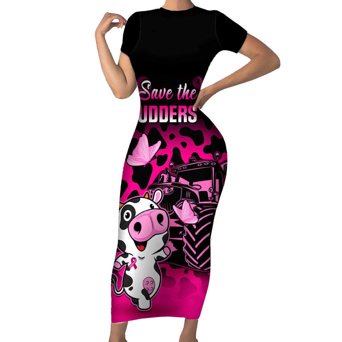 Personalised Save The Udders Family Matching Short Sleeve Bodycon Dress and Hawaiian Shirt Farmer Day Breast Cancer Awareness - Wonder Print Shop