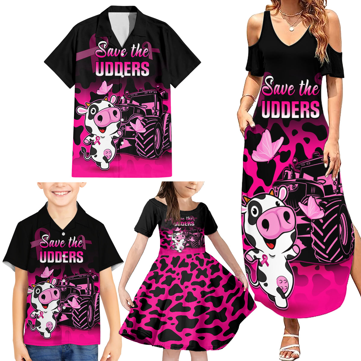 Personalised Save The Udders Family Matching Summer Maxi Dress and Hawaiian Shirt Farmer Day Breast Cancer Awareness - Wonder Print Shop