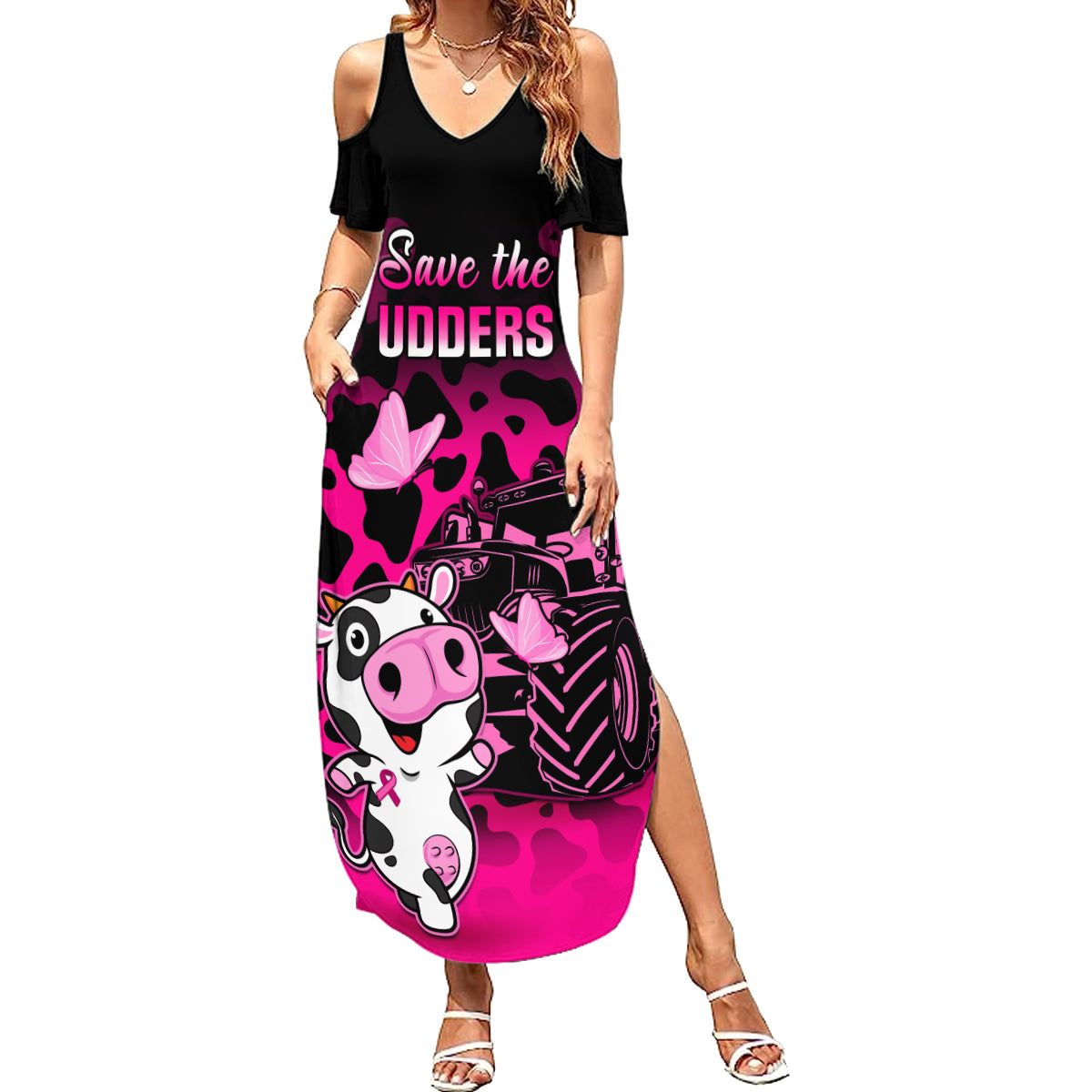 Personalised Save The Udders Family Matching Summer Maxi Dress and Hawaiian Shirt Farmer Day Breast Cancer Awareness - Wonder Print Shop