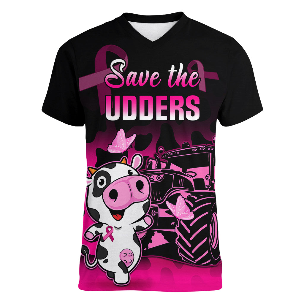 Personalised Save The Udders Women V Neck T Shirt Farmer Day Breast Cancer Awareness - Wonder Print Shop