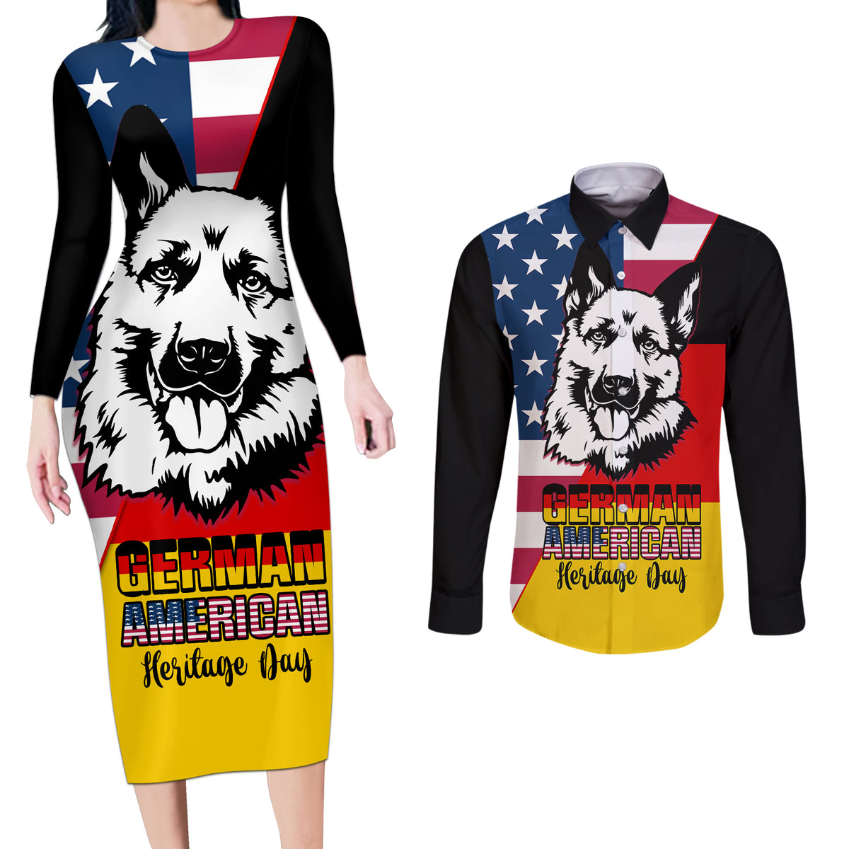 Personalised German American Heritage Day Couples Matching Long Sleeve Bodycon Dress and Long Sleeve Button Shirts German Shepherd Dog - Wonder Print Shop